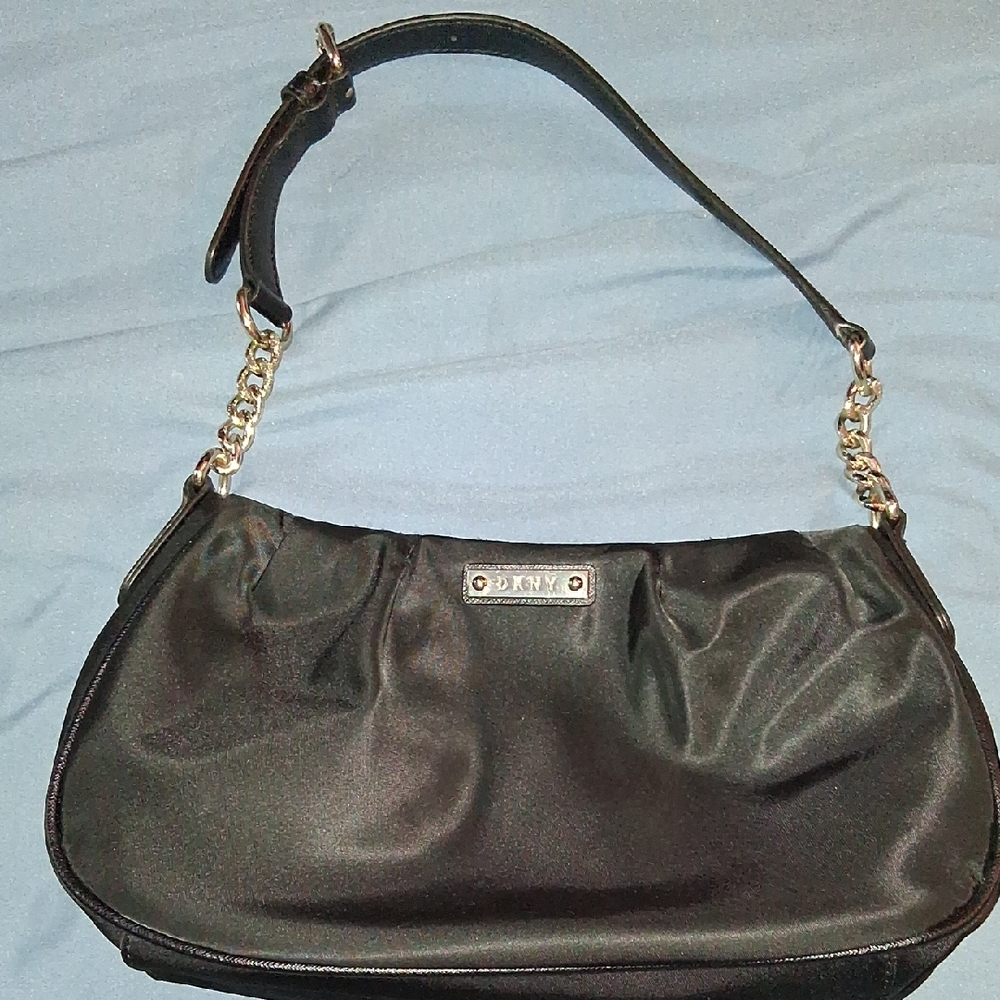 DKNY Black Leather Shoulder Bag with Gold Hardware